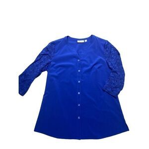 D&CO DENIM & COMPANY Blue Button Down Lace 3/4‎ Sleeve Top Sz Small